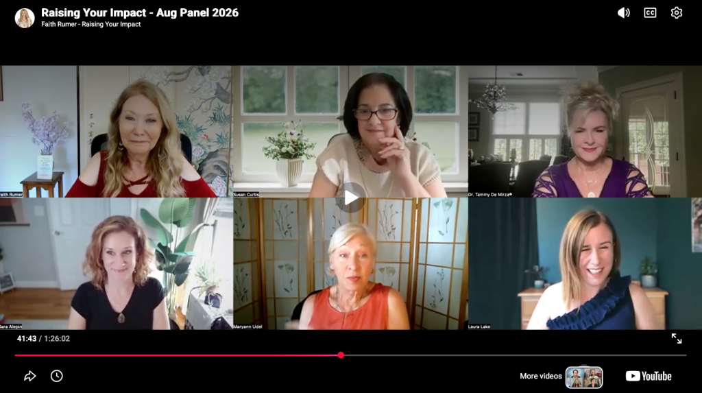 Screenshot of a zoom room for the Raising Your Impact Panel with Faith Rumer